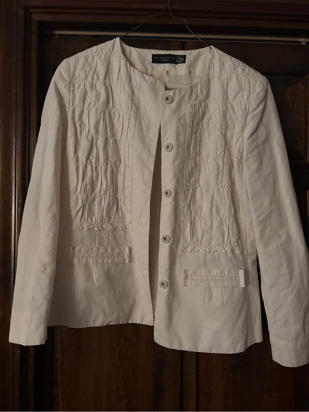 Elie Tahari White Round-Neck Button Front Textured Jacket